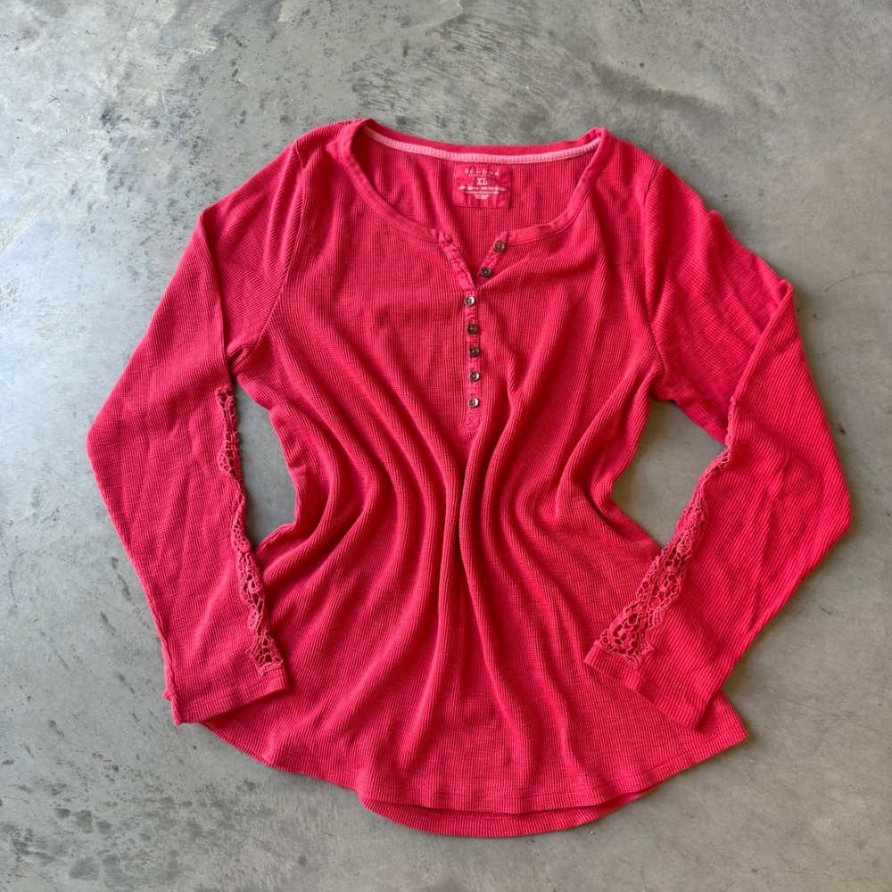 Sonoma Life Style Womens XL Waffle Knit Henley Top Pink Lace Sleeve Thermal